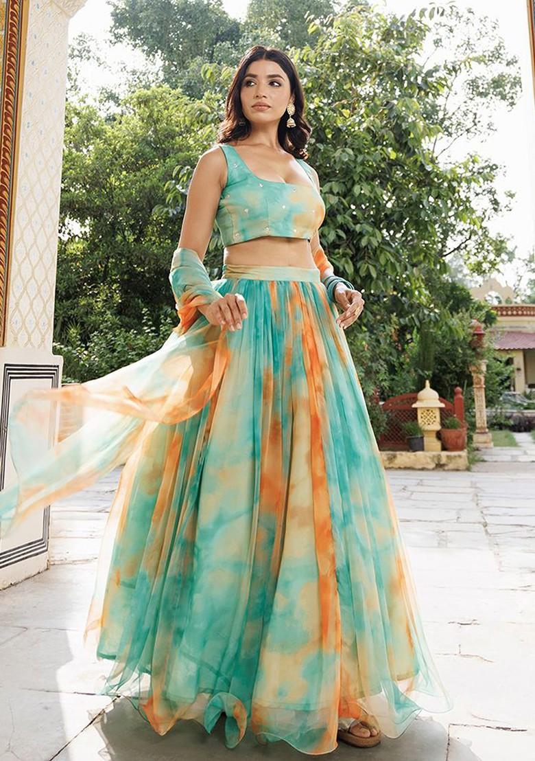 Teal Embellished Blended Lehenga Choli - Indya