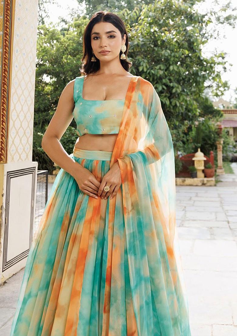 Teal Embellished Blended Lehenga Choli - Indya