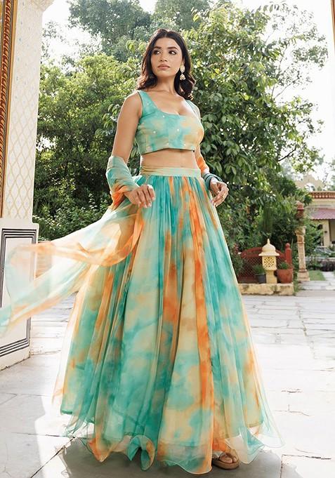 Teal Embellished Blended Lehenga Choli