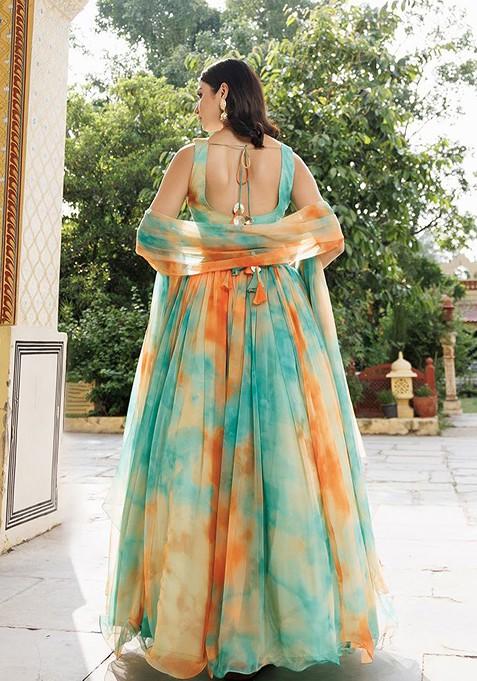 Teal Embellished Blended Lehenga Choli