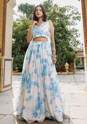 Blue Printed Blended Lehenga Choli