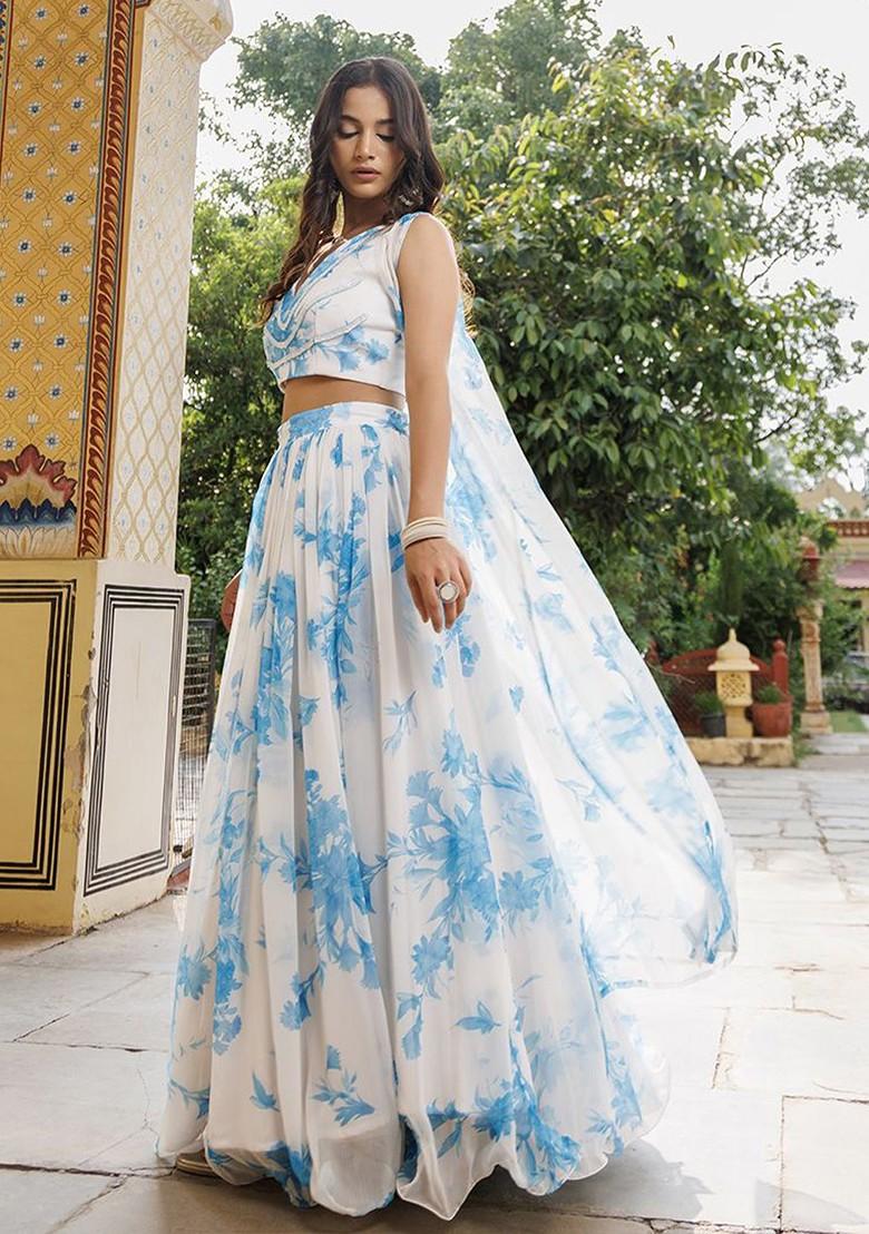 Blue Printed Blended Lehenga Choli