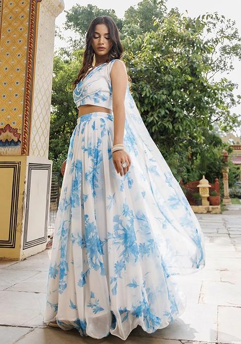 Blue Printed Blended Lehenga Choli