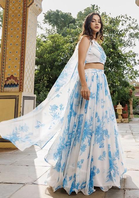 Blue Printed Blended Lehenga Choli