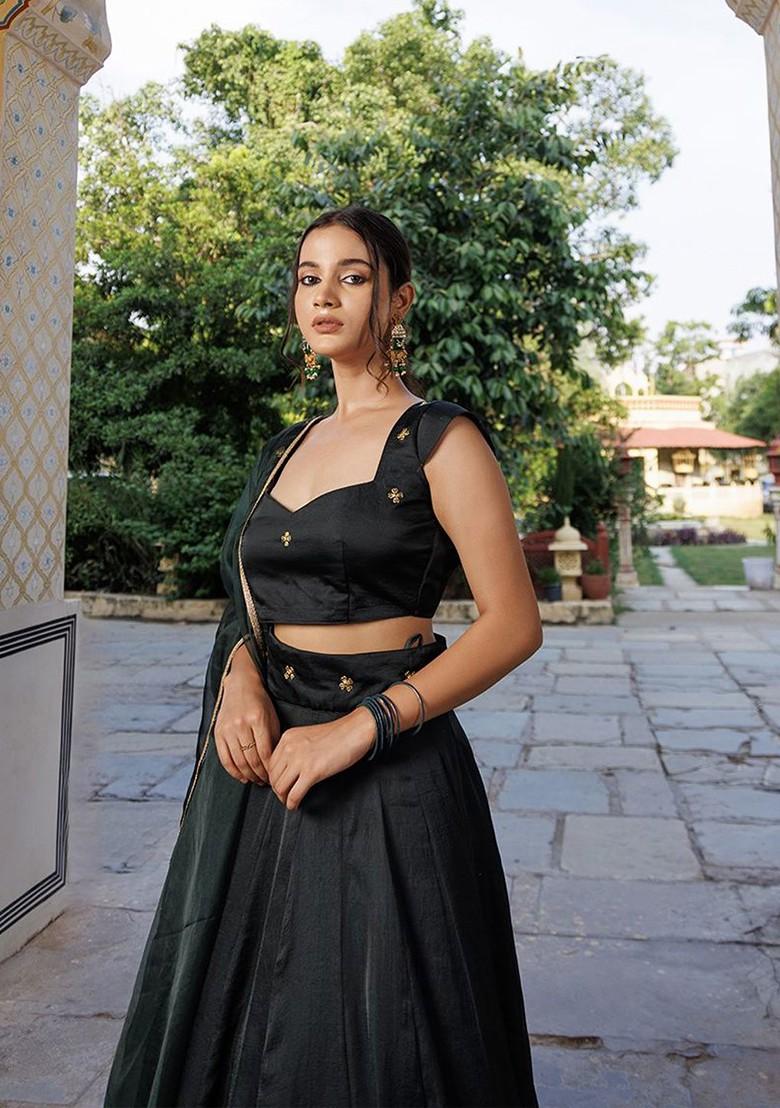 Green Emboridered Blended Lehenga Choli - Indya