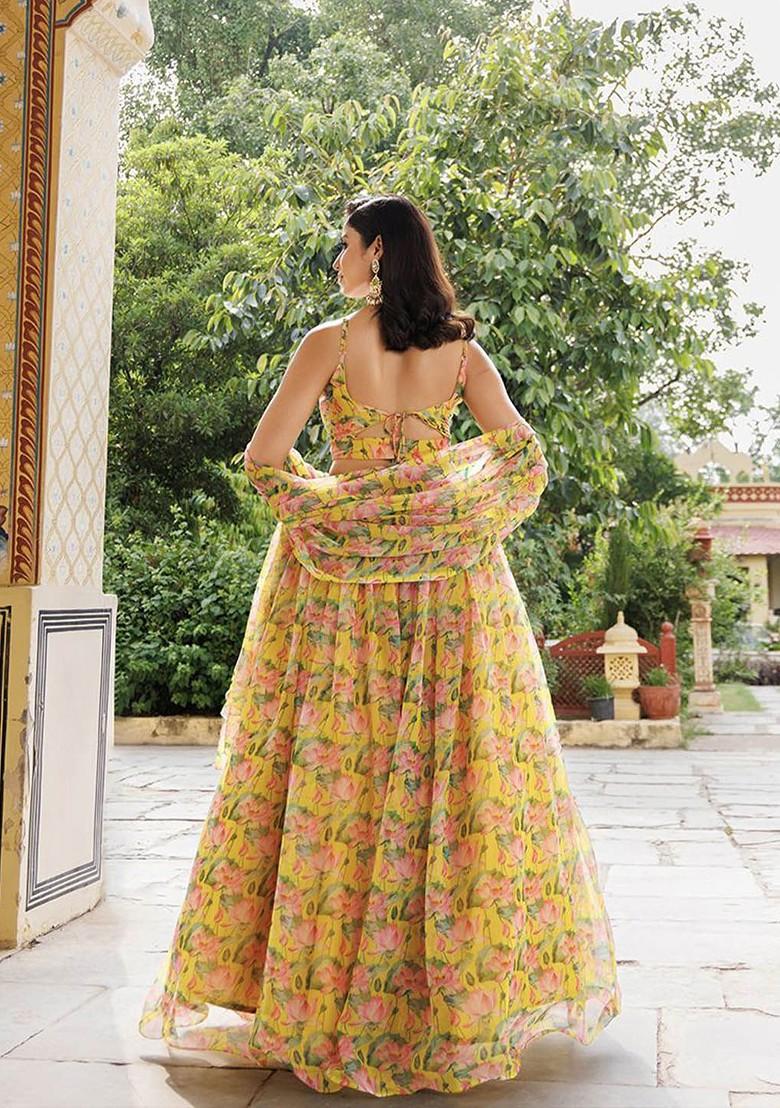 Yellow Printed Blended Lehenga Choli