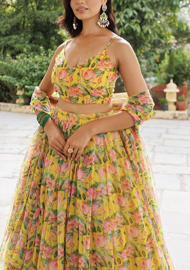 Yellow Printed Blended Lehenga Choli