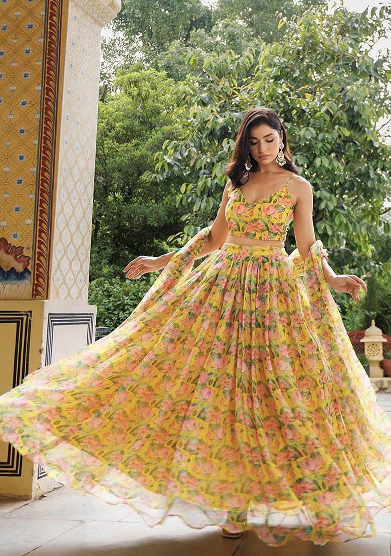 Yellow Printed Blended Lehenga Choli