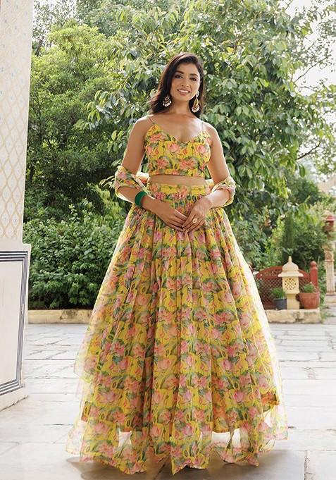 Yellow Printed Blended Lehenga Choli