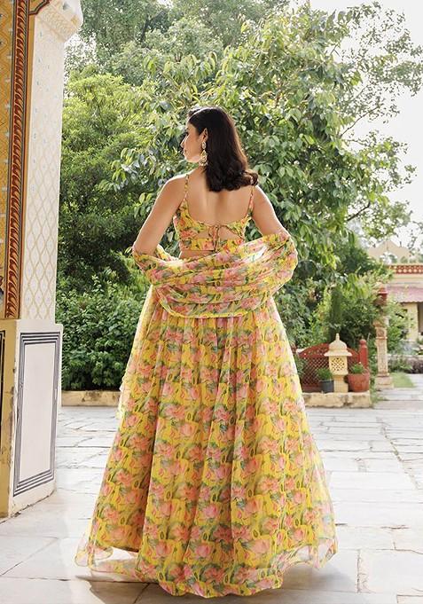 Yellow Printed Blended Lehenga Choli