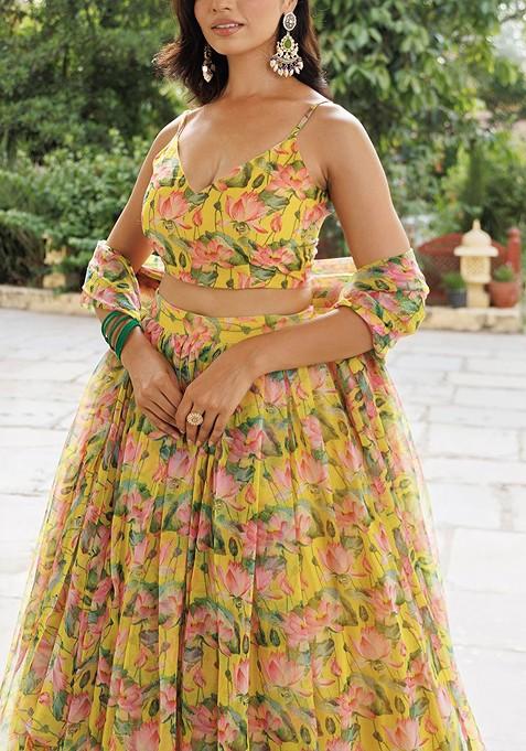 Yellow Printed Blended Lehenga Choli