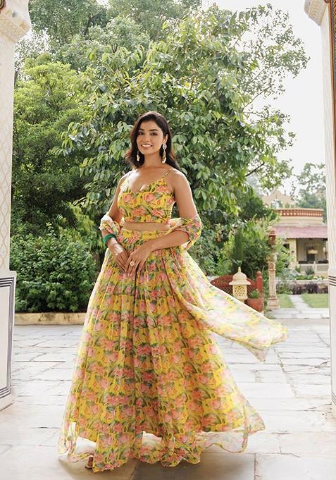 Yellow Printed Blended Lehenga Choli