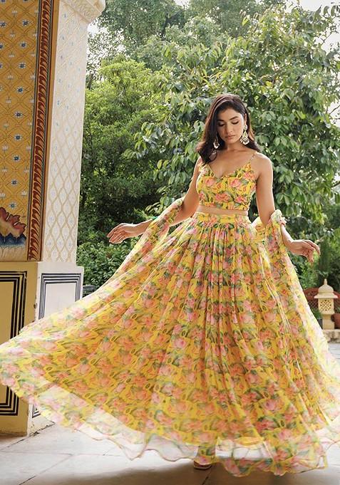 Yellow Printed Blended Lehenga Choli