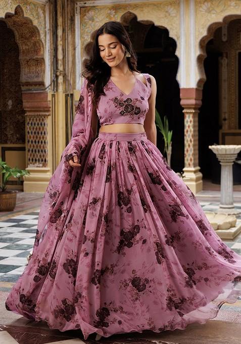 Mauve Printed Blended Lehenga Choli