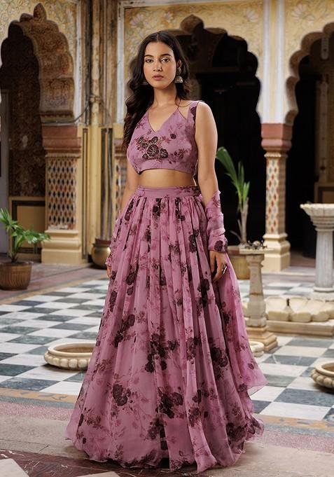 Mauve Printed Blended Lehenga Choli