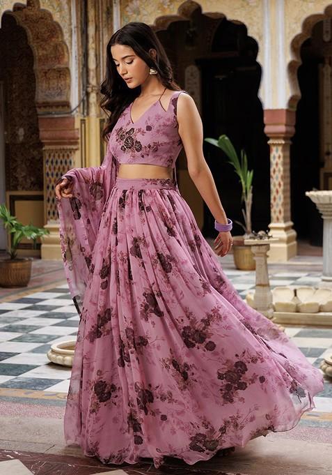 Mauve Printed Blended Lehenga Choli