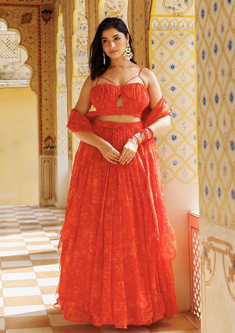Orange Printed Blended Lehenga Choli