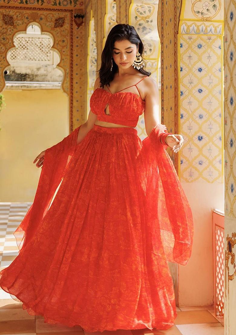 Orange Printed Blended Lehenga Choli