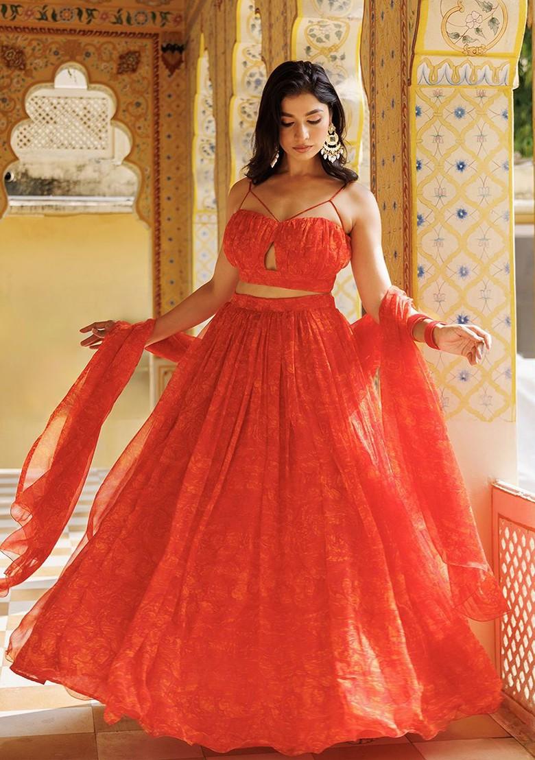 Orange Printed Blended Lehenga Choli