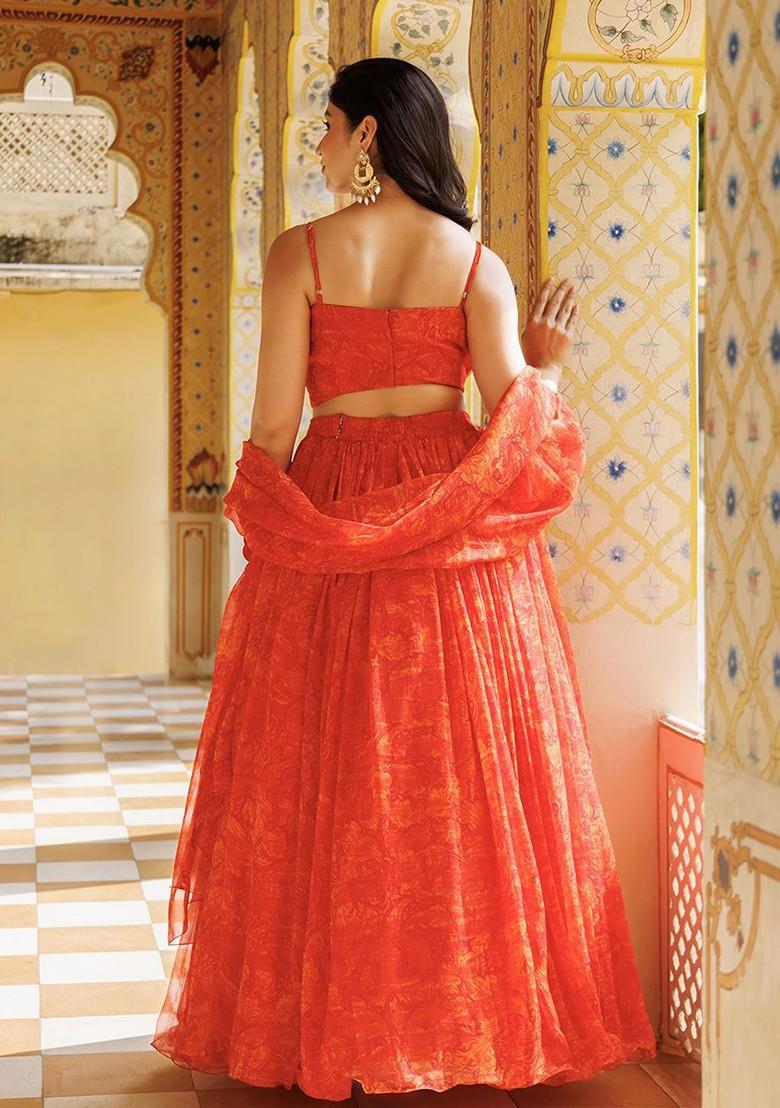 Orange Printed Blended Lehenga Choli