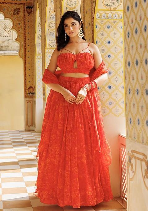 Orange Printed Blended Lehenga Choli