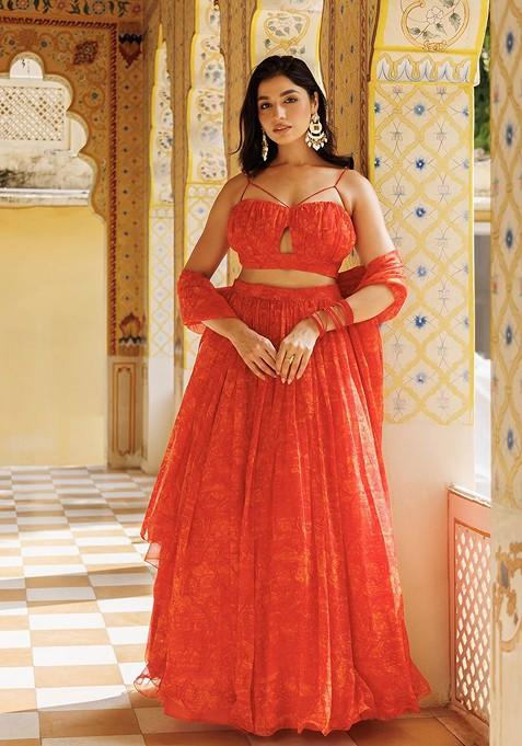 Orange Printed Blended Lehenga Choli