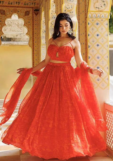 Orange Printed Blended Lehenga Choli