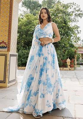 Blue Printed Blended Lehenga Choli