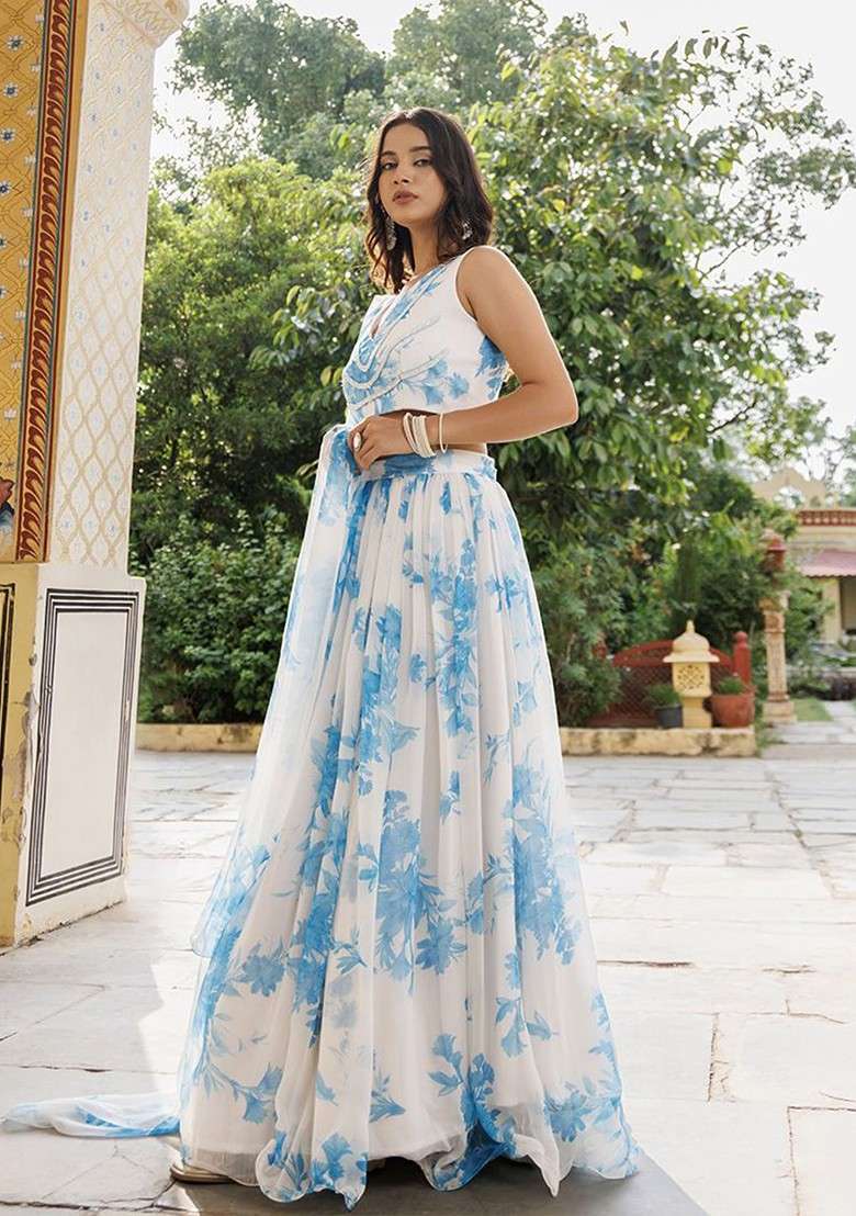 Blue Printed Blended Lehenga Choli - Indya
