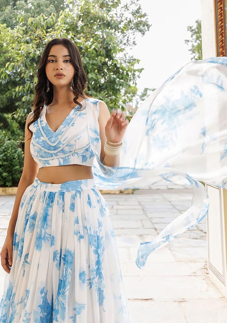 Blue Printed Blended Lehenga Choli - Indya