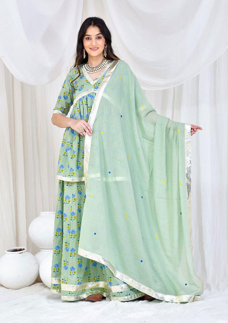 Green Printed Blended Lehenga Choli - Indya