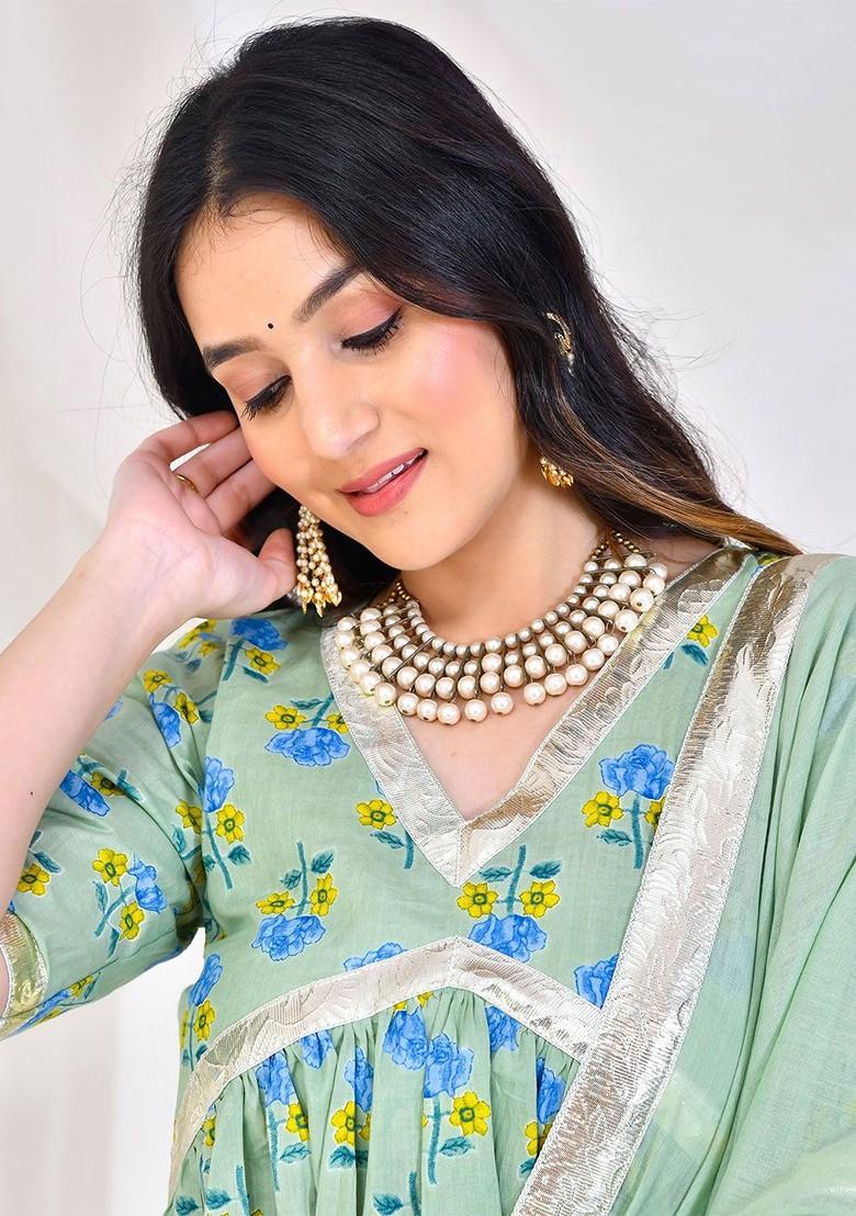 Green Printed Blended Lehenga Choli