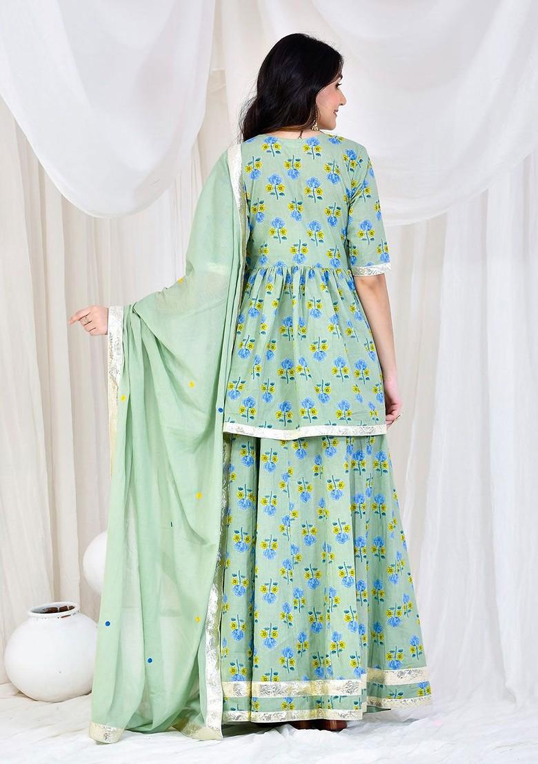 Green Printed Blended Lehenga Choli - Indya