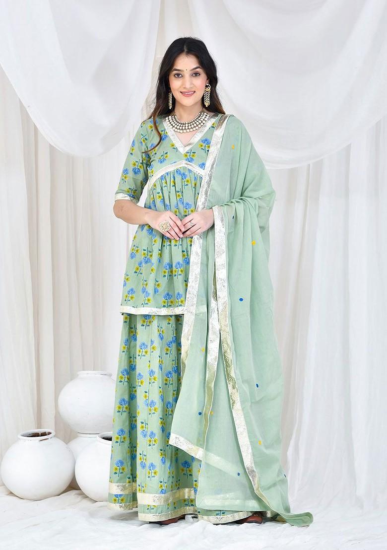 Green Printed Blended Lehenga Choli