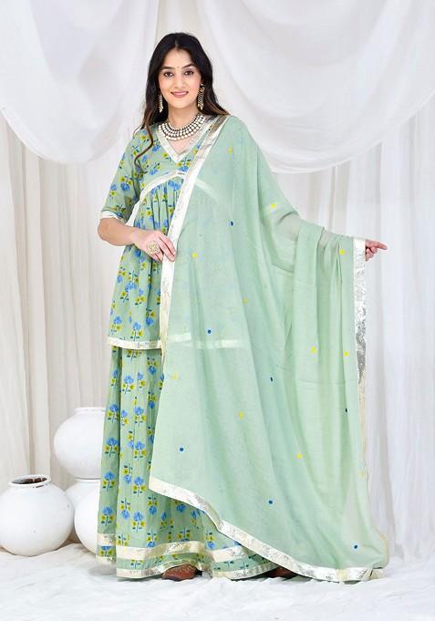 Green Printed Blended Lehenga Choli