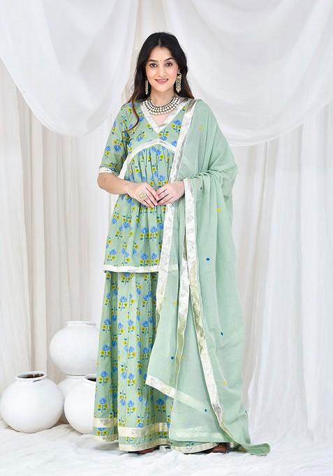 Green Printed Blended Lehenga Choli