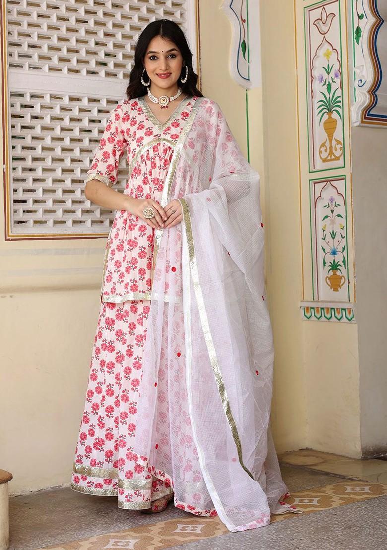 White Printed Blended Lehenga Choli