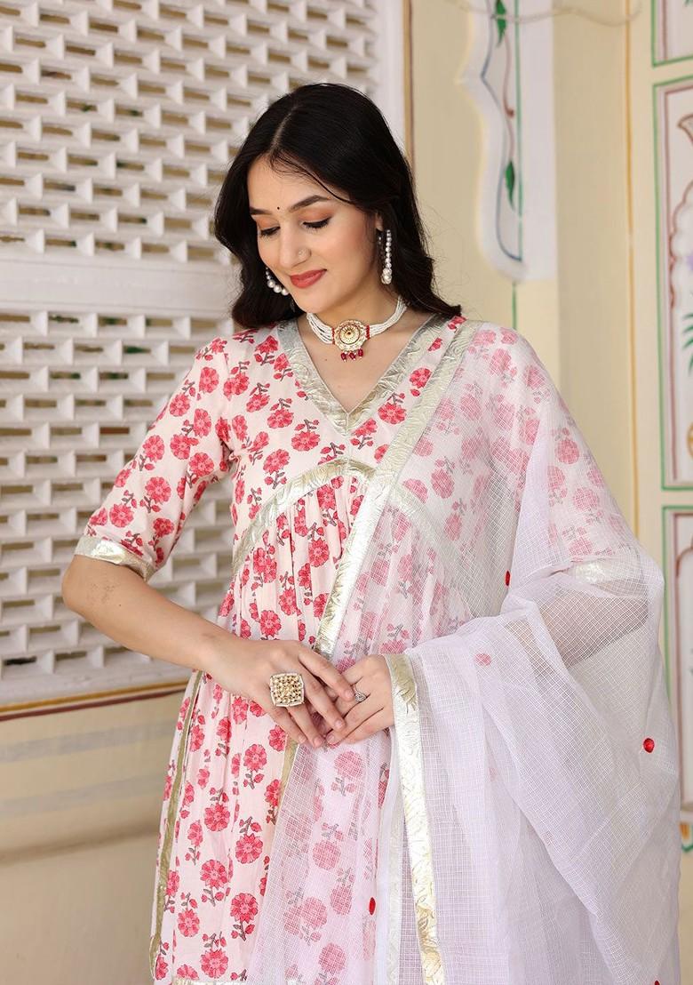 White Printed Blended Lehenga Choli