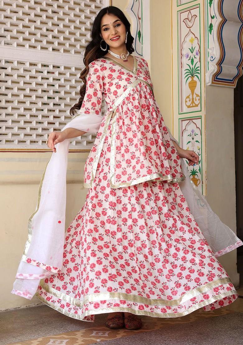 White Printed Blended Lehenga Choli