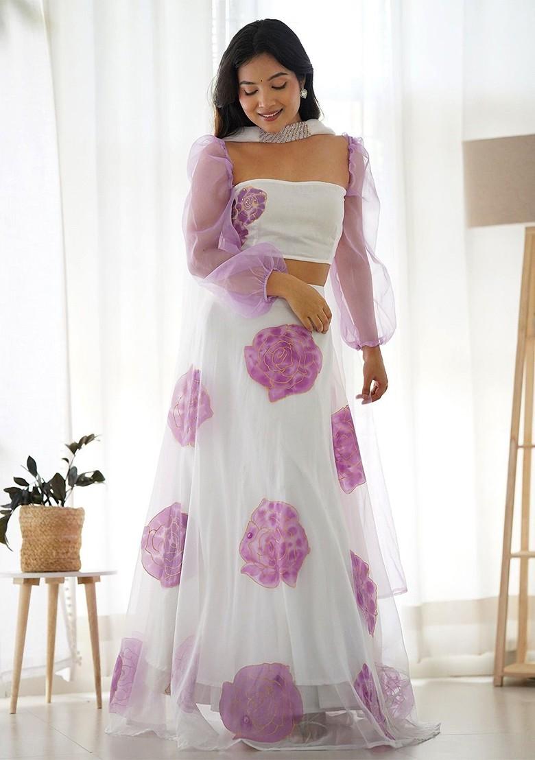 White Printed Blended Lehenga Choli