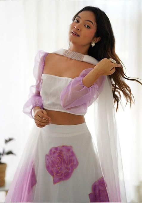 White Printed Blended Lehenga Choli