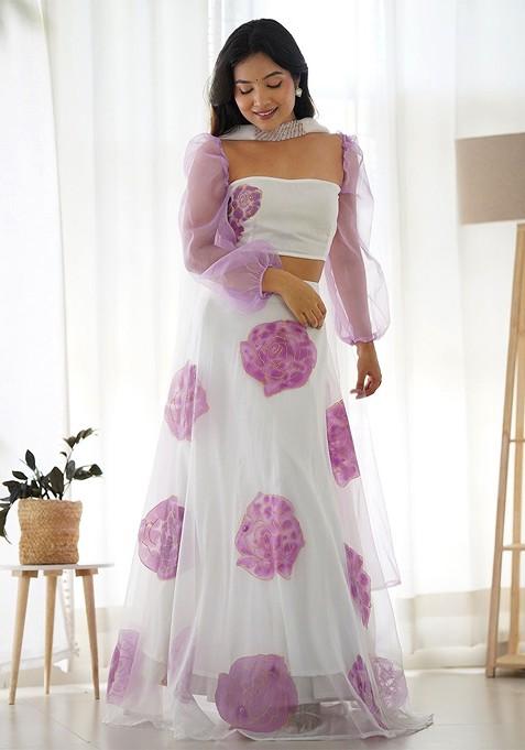 White Printed Blended Lehenga Choli