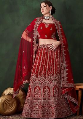 Red Emboridered Blended Lehenga Choli