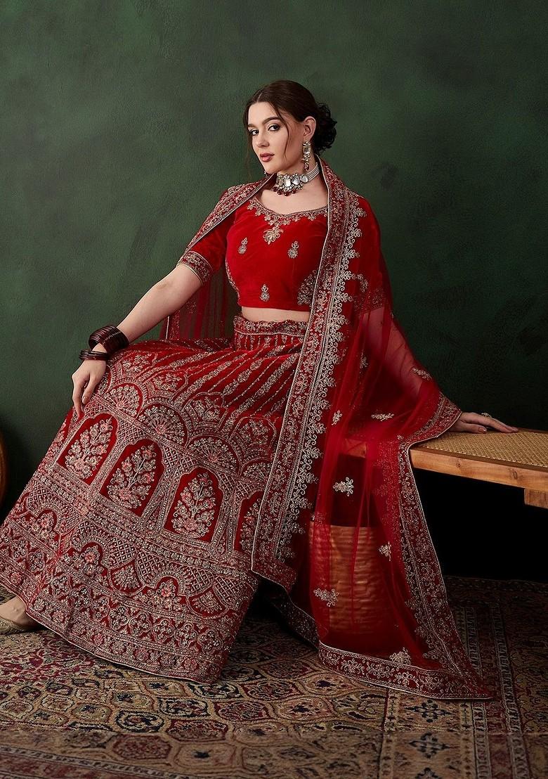 Red Emboridered Blended Lehenga Choli - Indya