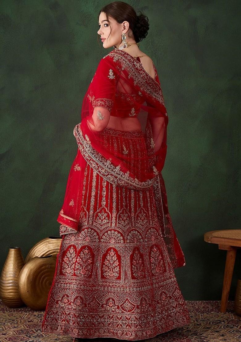 Red Emboridered Blended Lehenga Choli - Indya