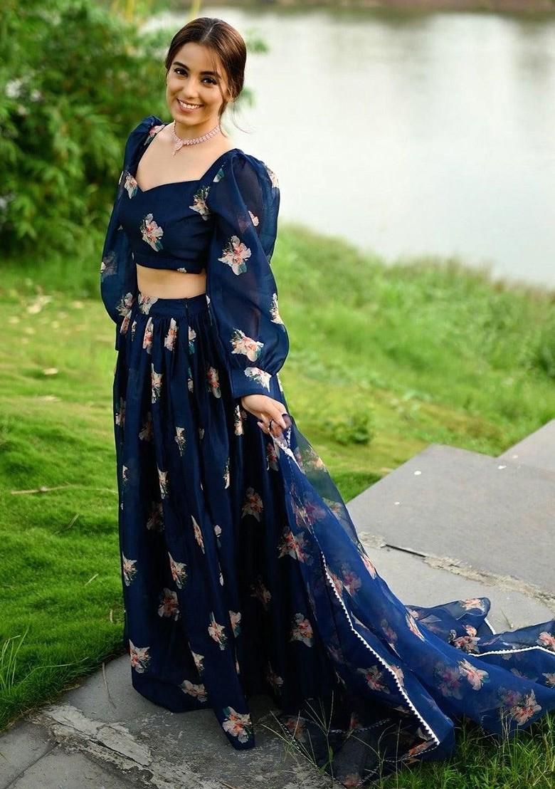 Navy Blue Printed Blended Lehenga Choli - Indya