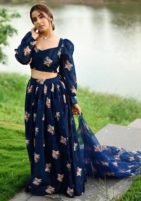 Navy Blue Printed Blended Lehenga Choli — view on Indya