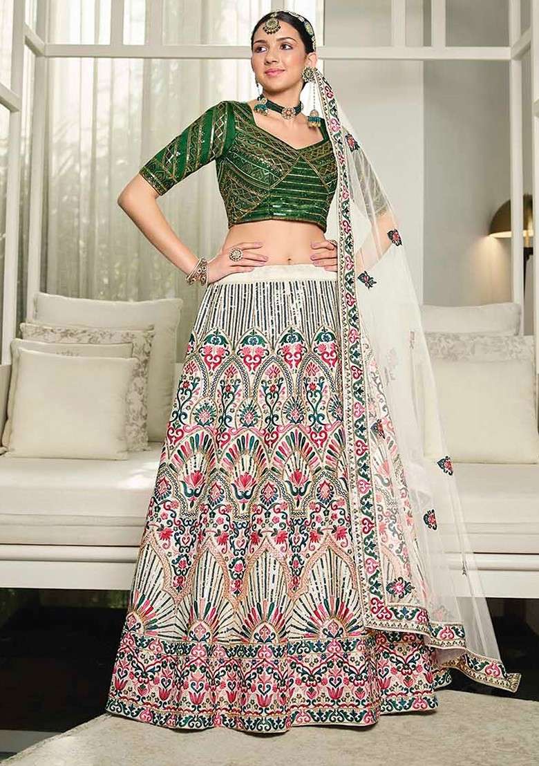 White Emboridered Blended Lehenga Choli - Indya