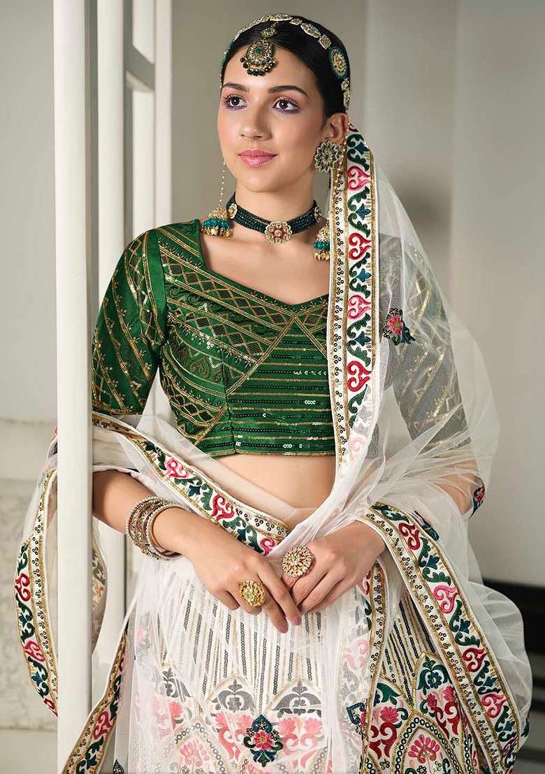 White Emboridered Blended Lehenga Choli - Indya