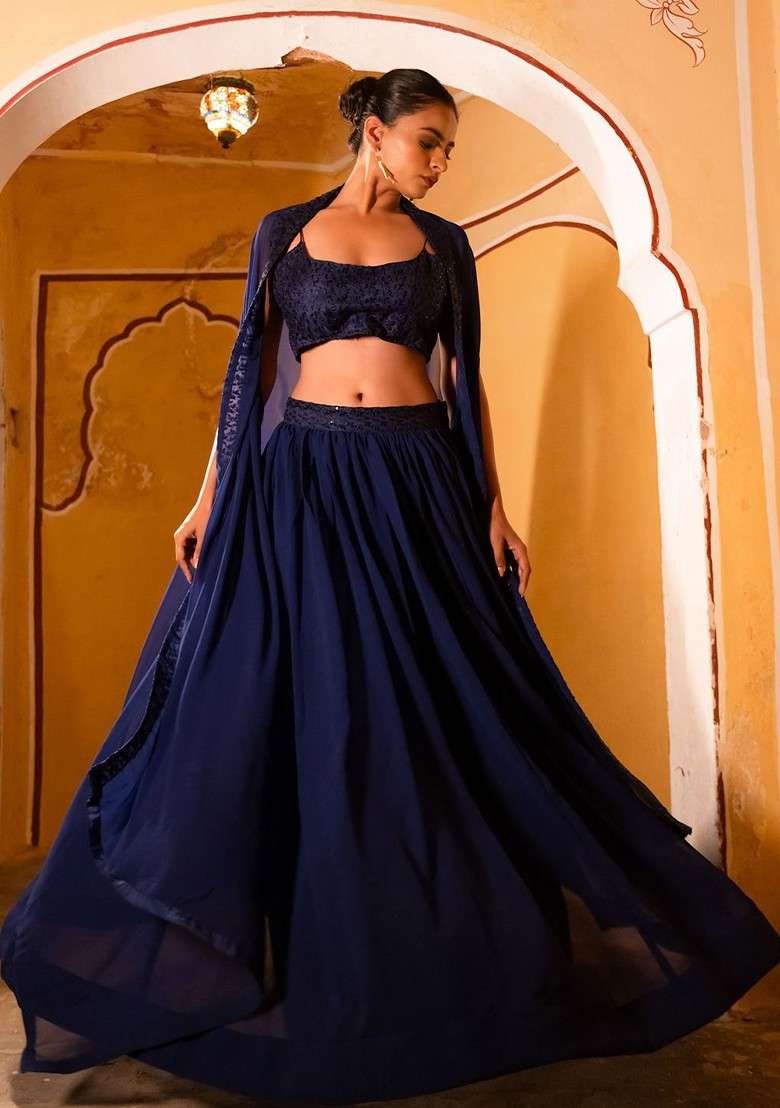 Blue Emboridered Blended Lehenga Choli - Indya
